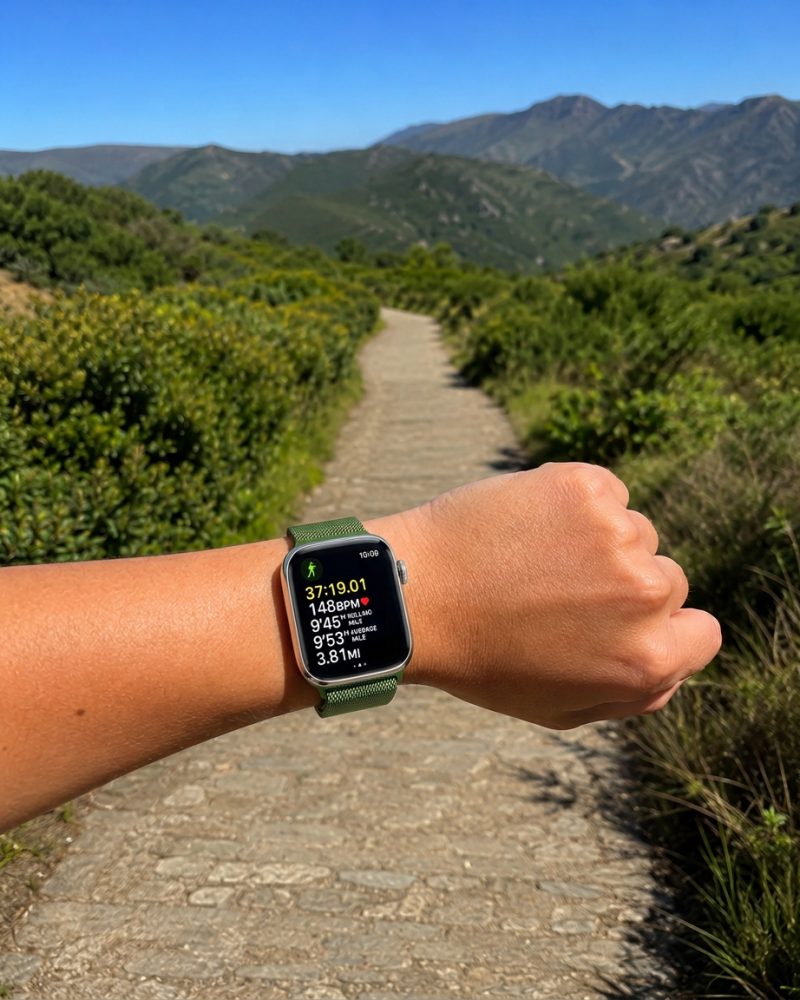 Model wearing Gradient Green Purple Milanese Loop For Apple Watch Apple Watch band