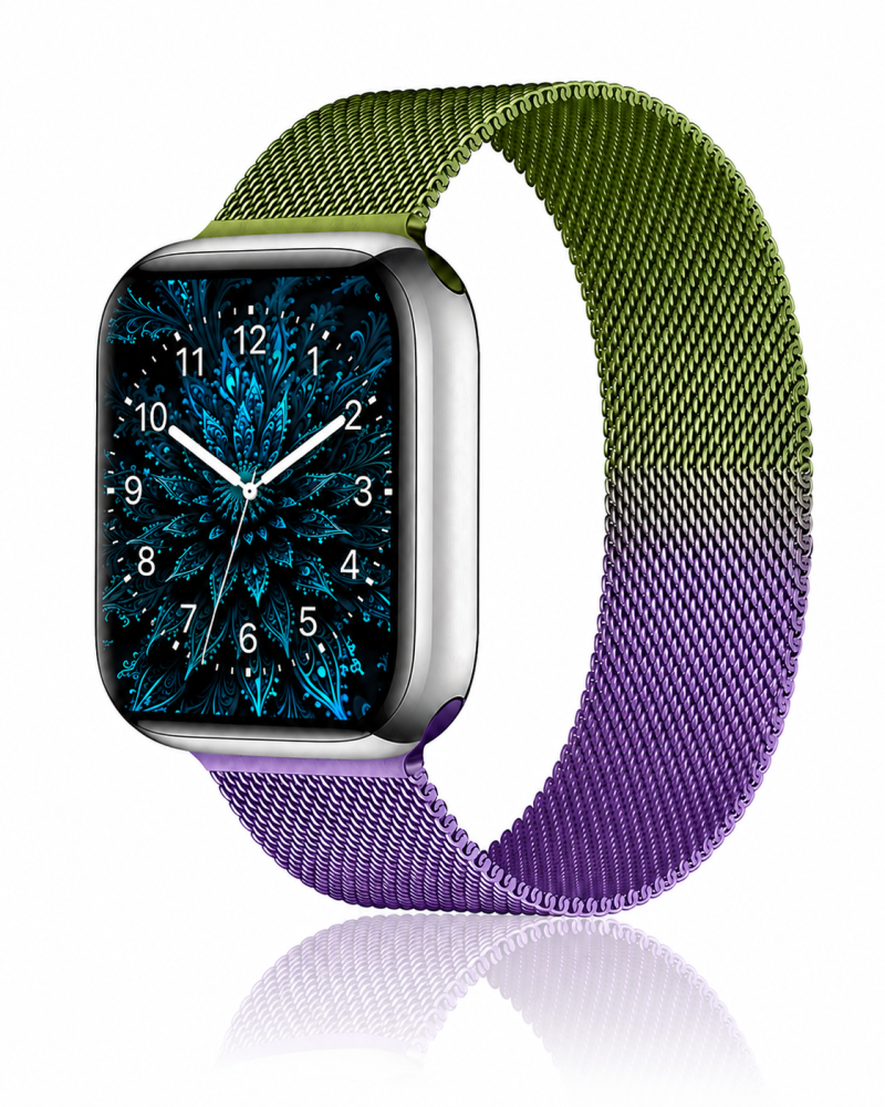 Model wearing Gradient Green Purple Milanese Loop For Apple Watch Apple Watch band