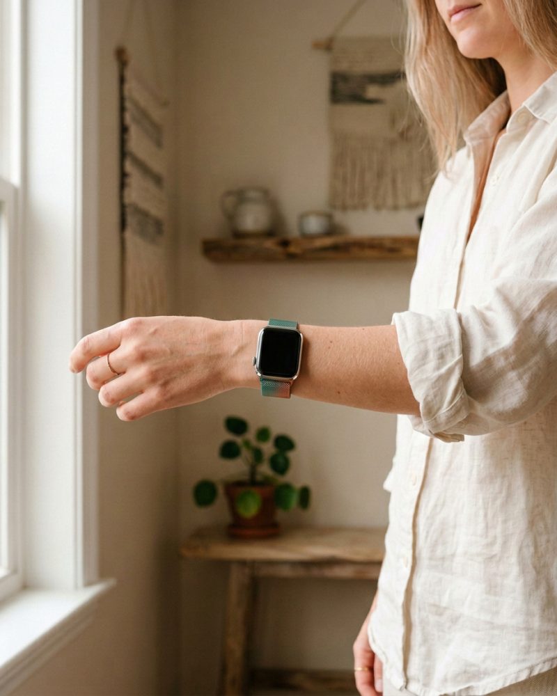 Model wearing Gradient Orange Light Green Milanese Loop For Apple Watch Apple Watch band
