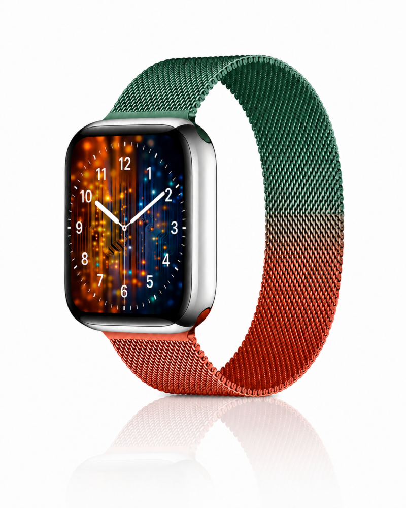 Model wearing Gradient Orange Light Green Milanese Loop For Apple Watch Apple Watch band