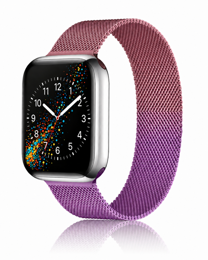 Model wearing Gradient Pink Purple Milanese Loop For Apple Watch Apple Watch band
