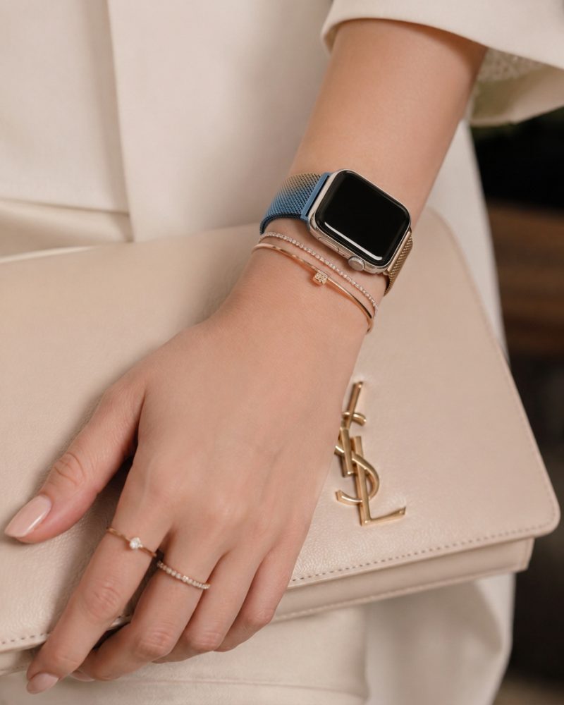 Model wearing Gradient Retro Gold Blue Milanese Loop For Apple Watch Apple Watch band