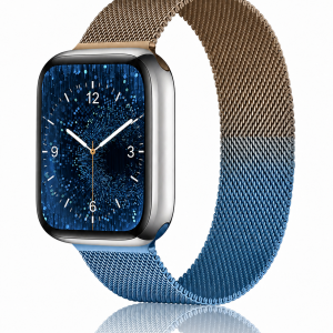 Model wearing Gradient Retro Gold Blue Milanese Loop For Apple Watch Apple Watch band