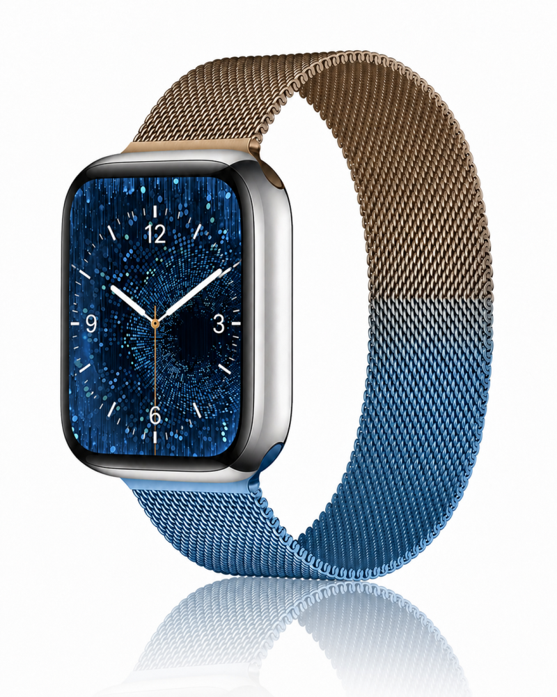 Model wearing Gradient Retro Gold Blue Milanese Loop For Apple Watch Apple Watch band