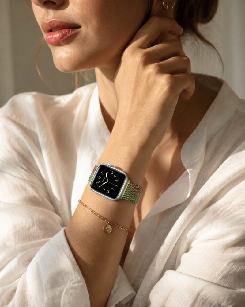 Model wearing Gradient Retro Gold Green Milanese Loop For Apple Watch Apple Watch band