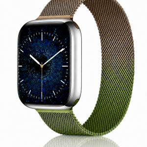 Model wearing Gradient Retro Gold Green Milanese Loop For Apple Watch Apple Watch band