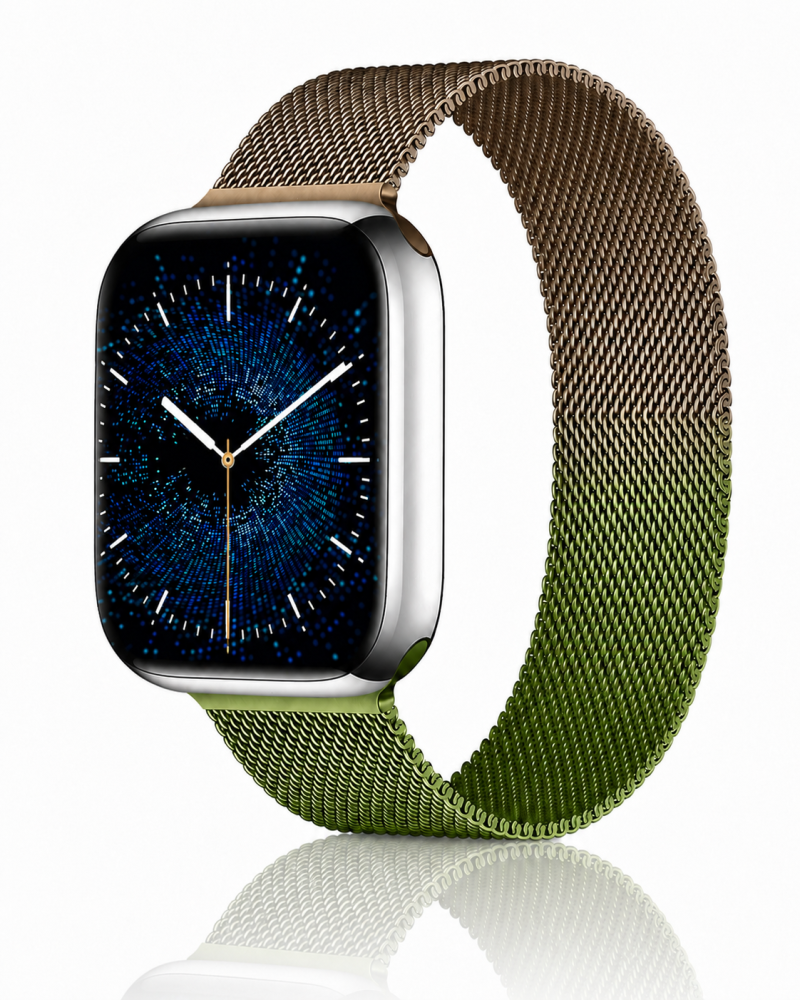 Model wearing Gradient Retro Gold Green Milanese Loop For Apple Watch Apple Watch band