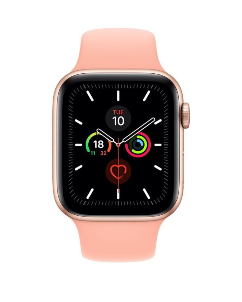 Grapefruit pink silicone Apple Watch sport band paired with gold aluminum case