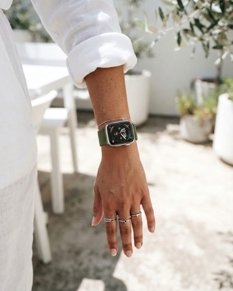 Model wearing Grass Green Milanese Loop For Apple Watch Apple Watch band