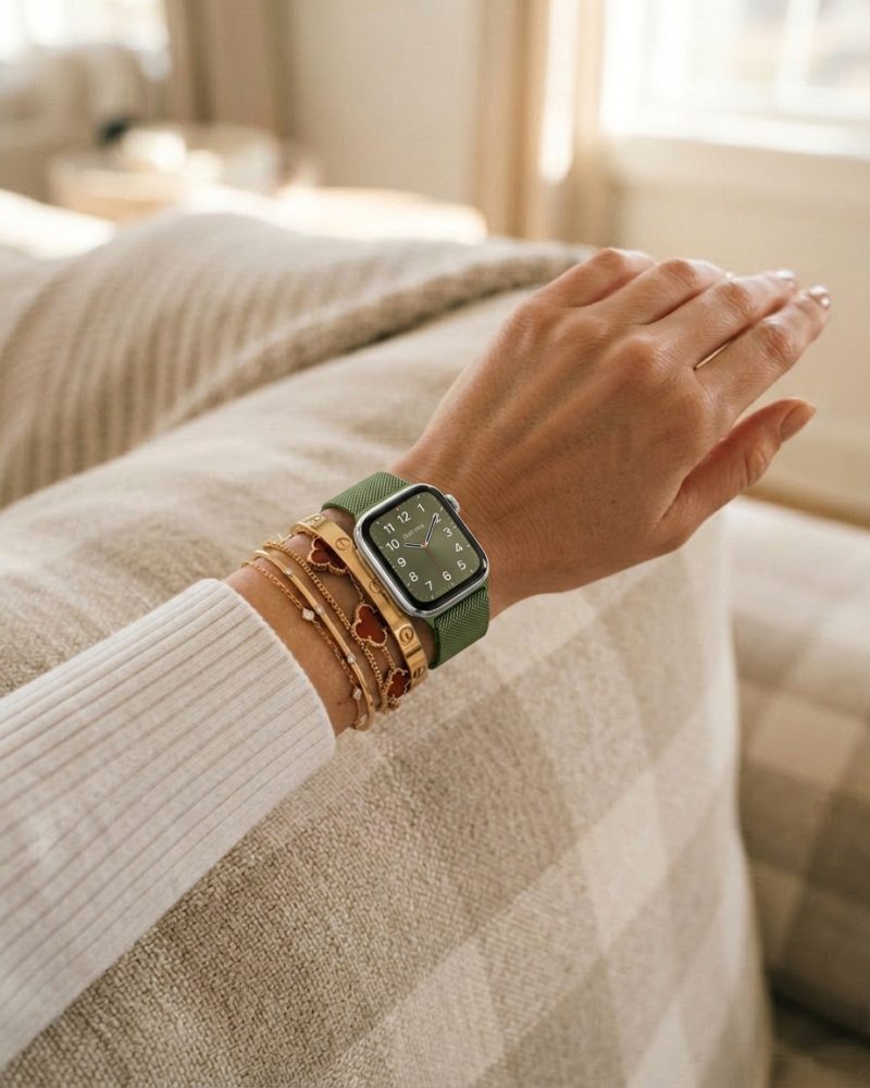 Model wearing Grass Green Milanese Loop For Apple Watch Apple Watch band