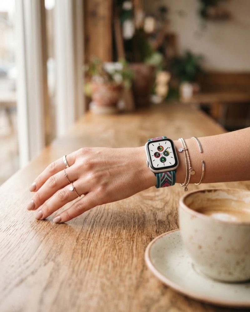 Model wearing Green Arrow Elastic Loop Band for Apple Watch Apple Watch band