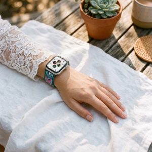 Model wearing Green Arrow Elastic Loop Band for Apple Watch Apple Watch band