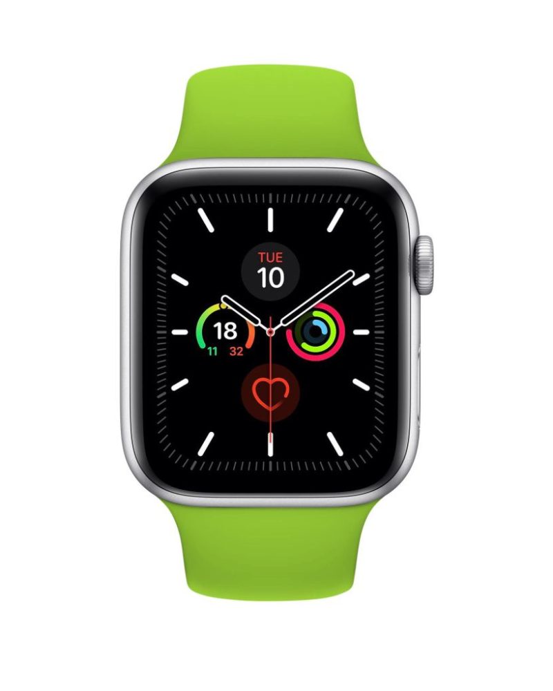 Green silicone Apple Watch sport band with silver case and black dial
