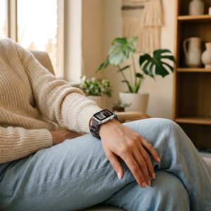 Model wearing Grey Cardigan Scrunchie Loop Band for Apple Watch Apple Watch band
