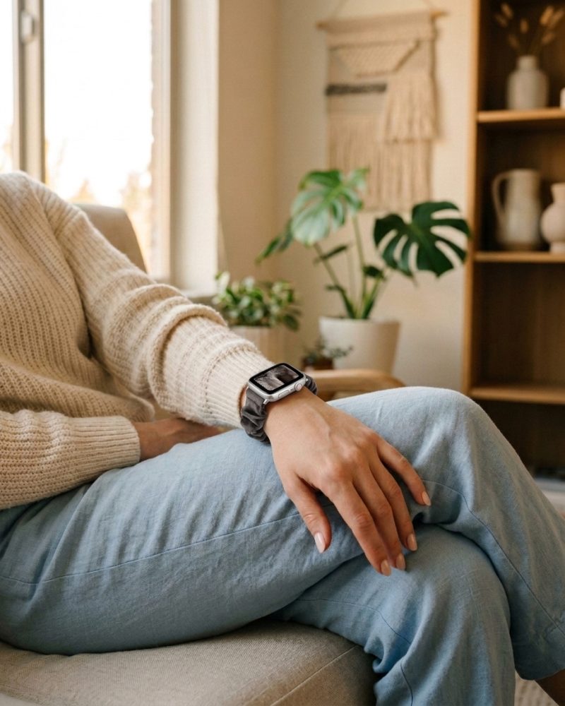 Model wearing Grey Cardigan Scrunchie Loop Band for Apple Watch Apple Watch band