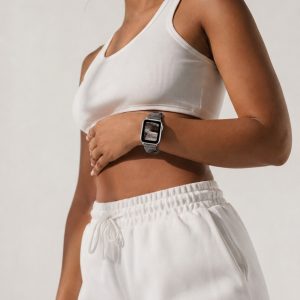 Model wearing Grey Cardigan Scrunchie Loop Band for Apple Watch Apple Watch band