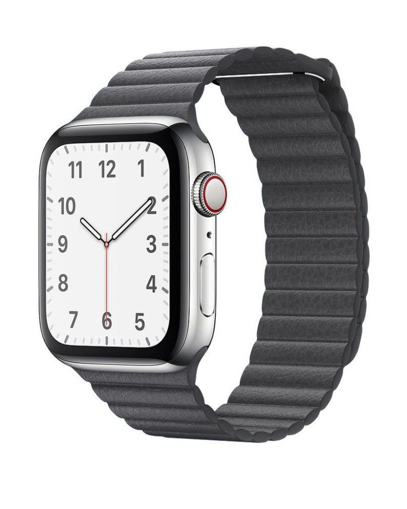 Grey leather loop Apple Watch band with ribbed texture and magnetic closure