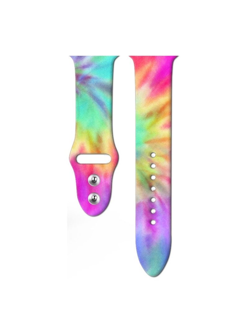 Tie-dye rainbow silicone Apple Watch sport band with pin-and-tuck closure
