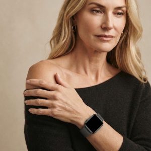 Model wearing Gun Metal Milanese Loop for Apple Watch Apple Watch band