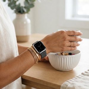 Model wearing Gun Metal Milanese Loop for Apple Watch Apple Watch band