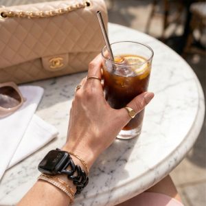 Model wearing Herringbone Stainless Steel Band for the Apple Watch in Black Apple Watch band