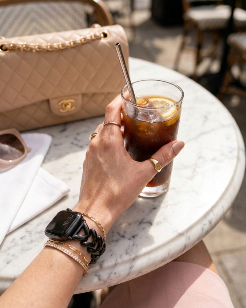 Model wearing Herringbone Stainless Steel Band for the Apple Watch in Black Apple Watch band