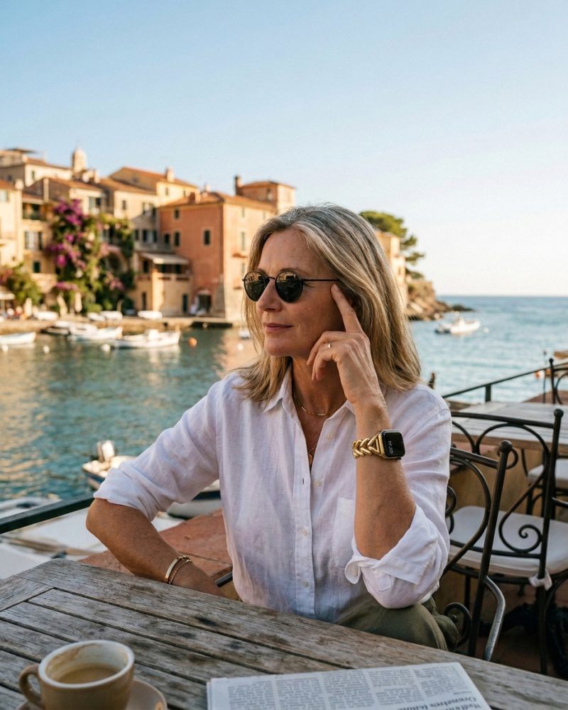 Model wearing Herringbone Stainless Steel Band for the Apple Watch in Gold Apple Watch band