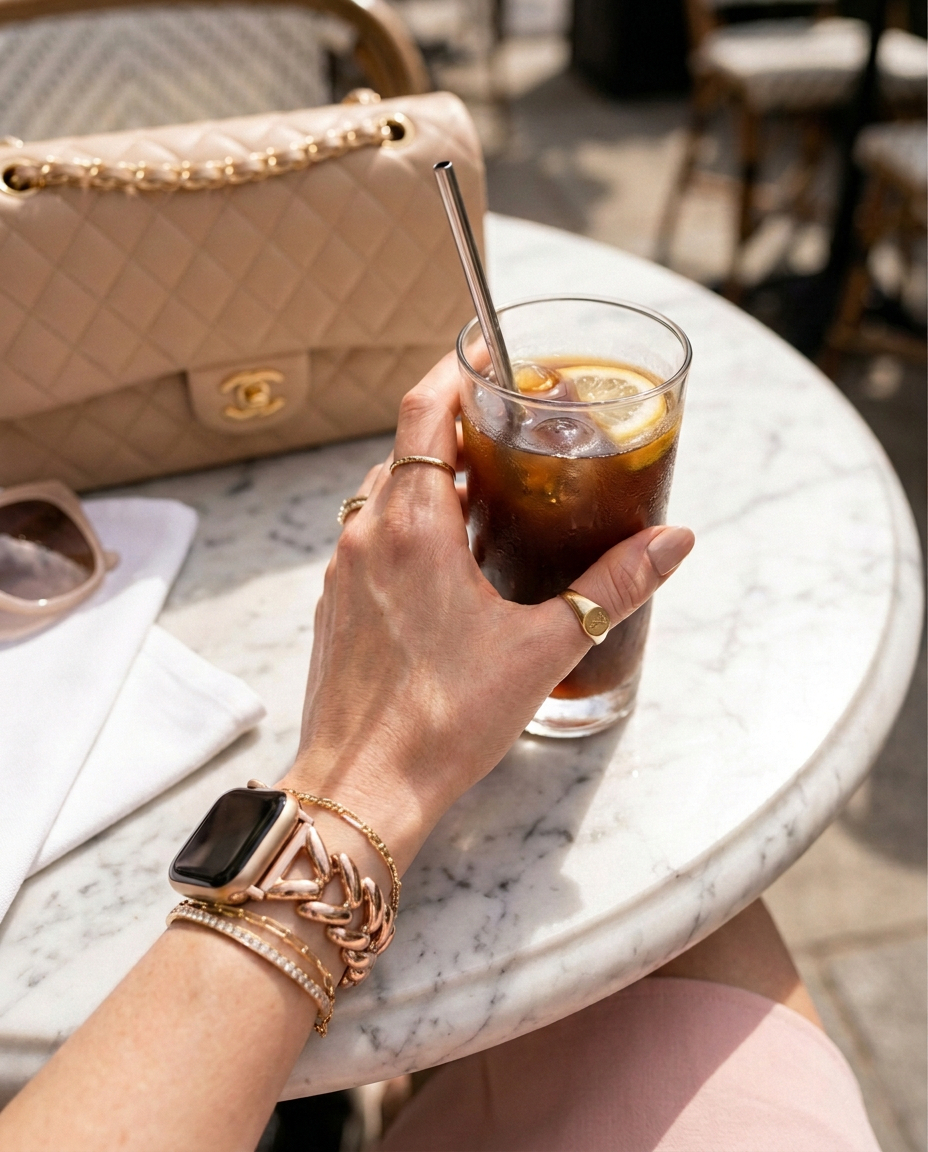 Model wearing Herringbone Stainless Steel Band for the Apple Watch in Rose Gold Apple Watch band