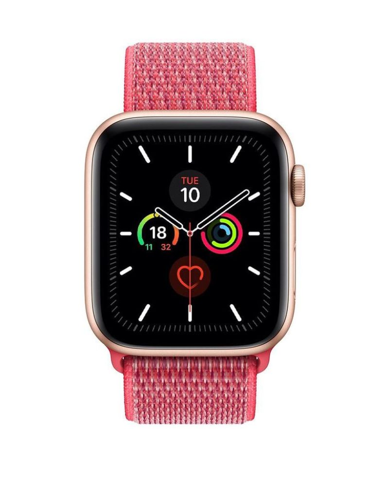 Hibiscus pink woven nylon Sport Loop band on gold Apple Watch