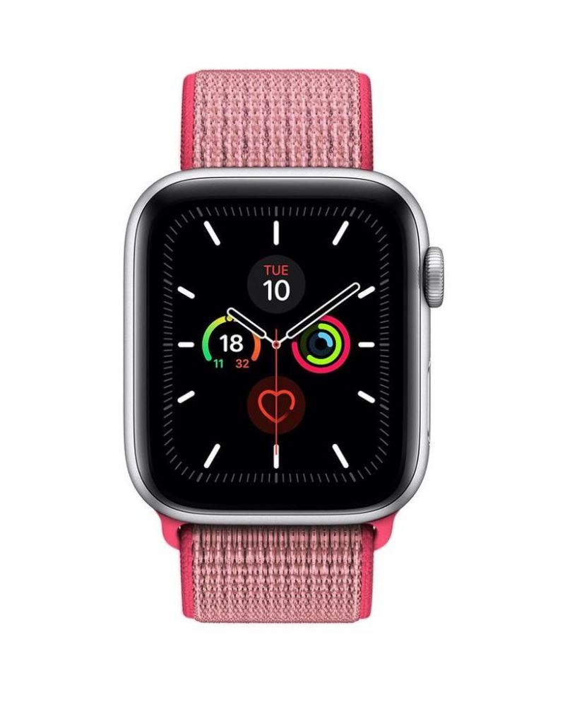 Hot pink woven nylon Sport Loop band on silver Apple Watch