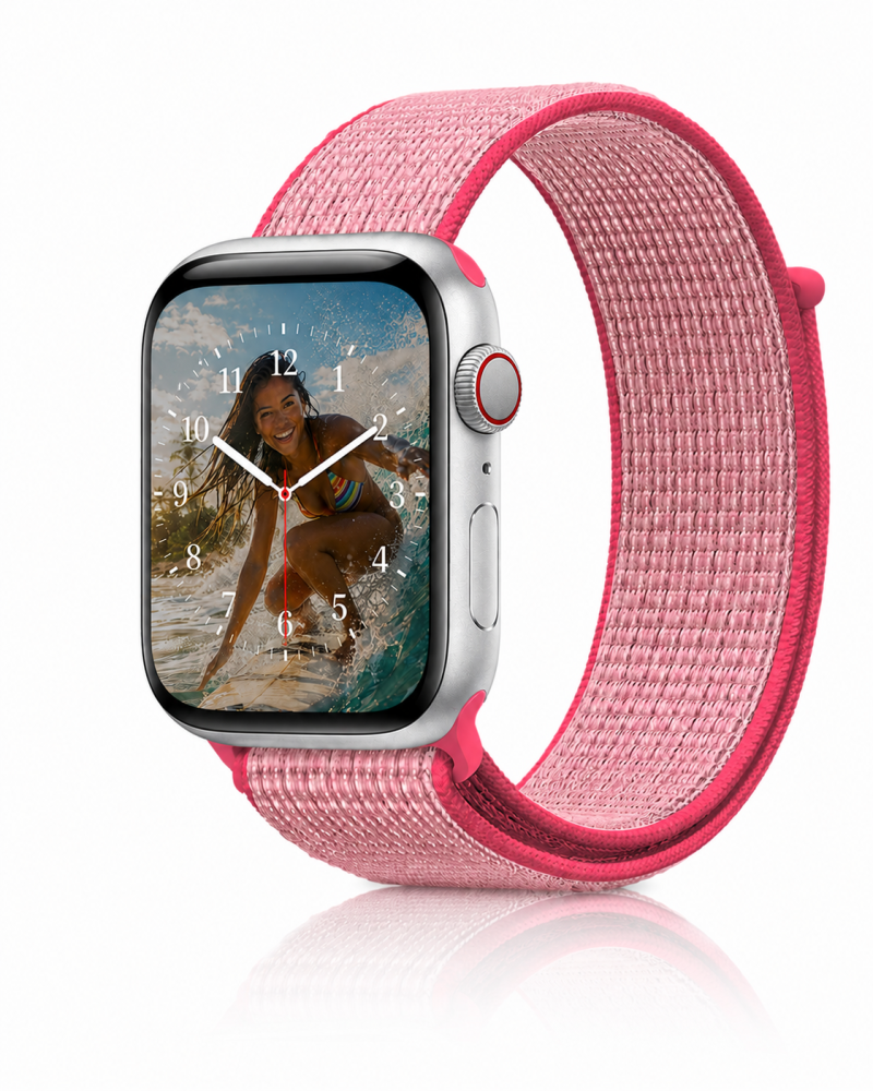 Model wearing Hot Pink Sport Loop For Apple Watch Apple Watch band