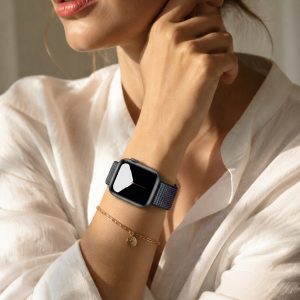 Model wearing Hyper Grape Sport Loop For Apple Watch Apple Watch band