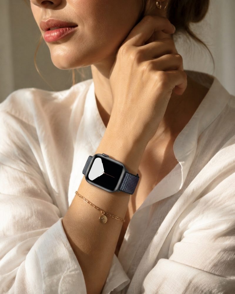 Model wearing Hyper Grape Sport Loop For Apple Watch Apple Watch band