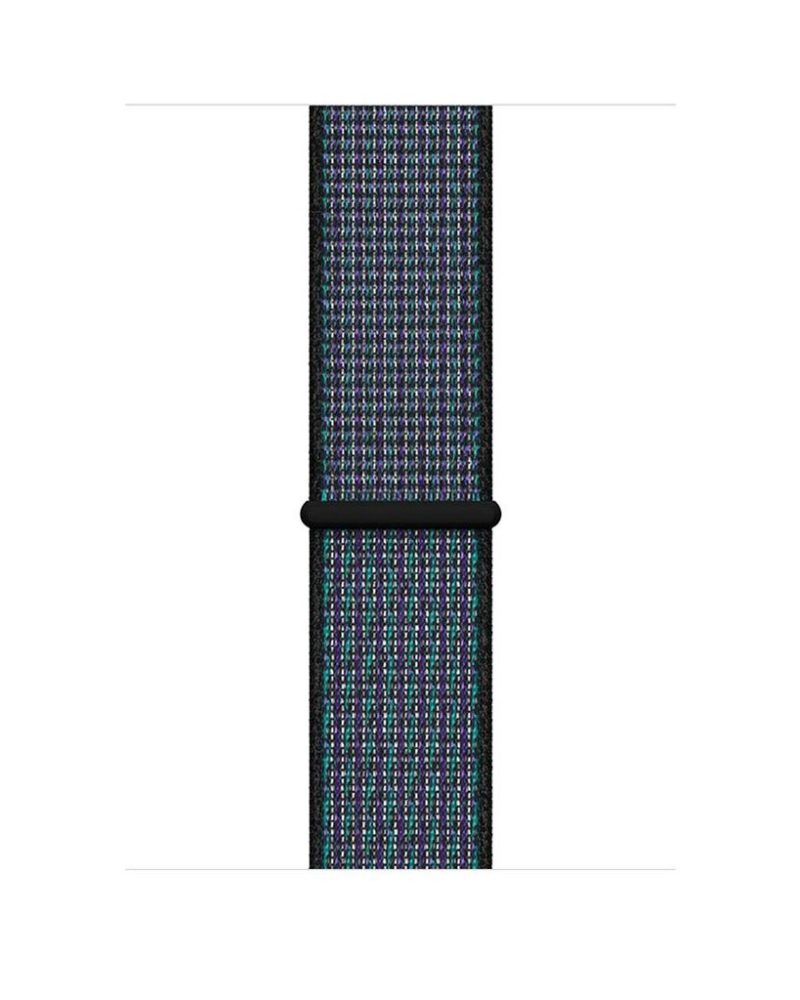 Woven nylon Apple Watch Sport Loop band in hyper grape purple, teal, and black