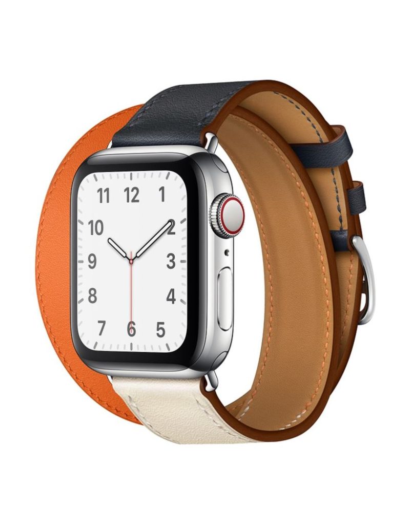 Indigo, cream, and orange tricolor leather double tour Apple Watch band with silver buckle