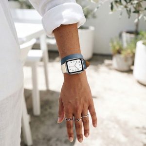 Model wearing Indigo/Craie/Orange Double Tour Leather for Apple Watch Apple Watch band