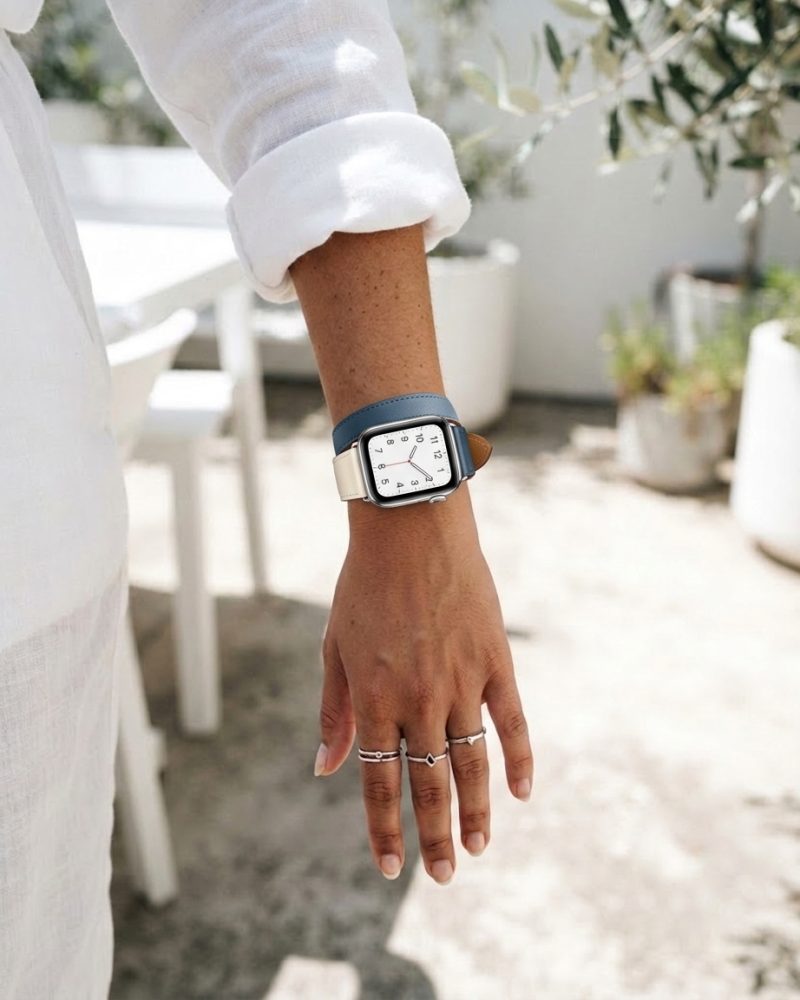 Model wearing Indigo/Craie/Orange Double Tour Leather for Apple Watch Apple Watch band