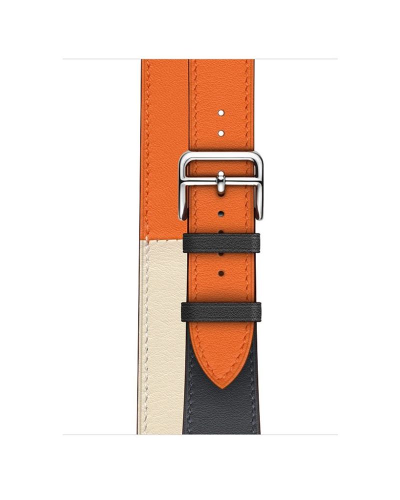 Indigo, cream, and orange tricolor leather Apple Watch double tour strap with silver buckle