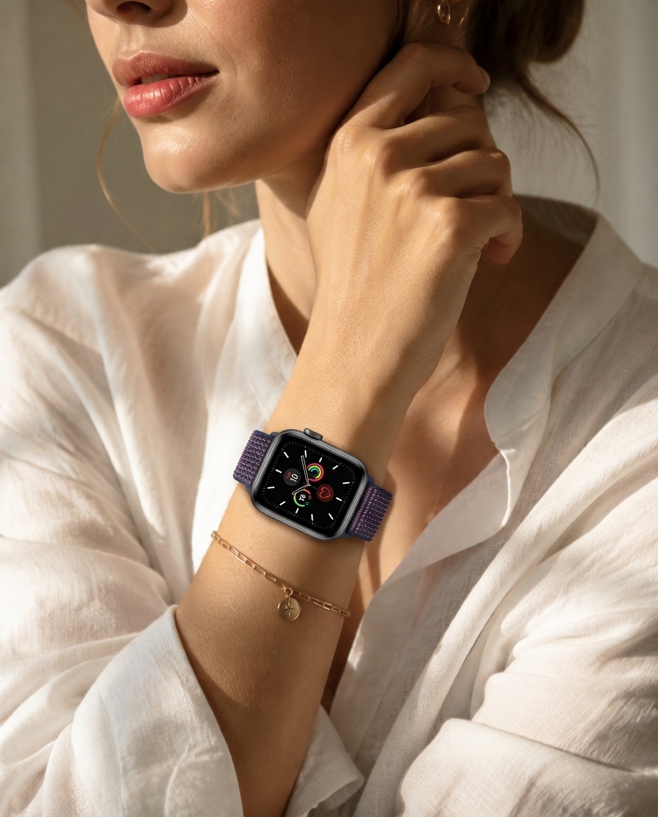 Model wearing Indigo Sport Loop For Apple Watch Apple Watch band