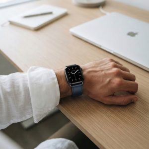 Model wearing Ink Blue Lincoln Leather Band for Apple Watch Apple Watch band