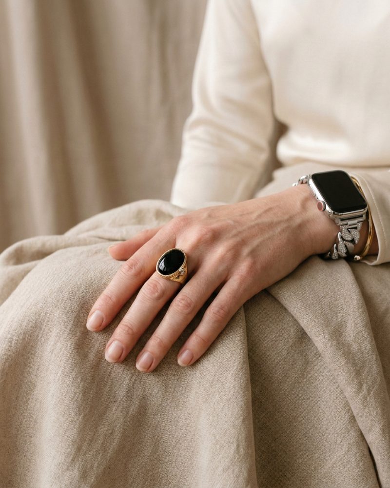 Model wearing Jersey Bracelet Band For Apple Watch – Silver Apple Watch band