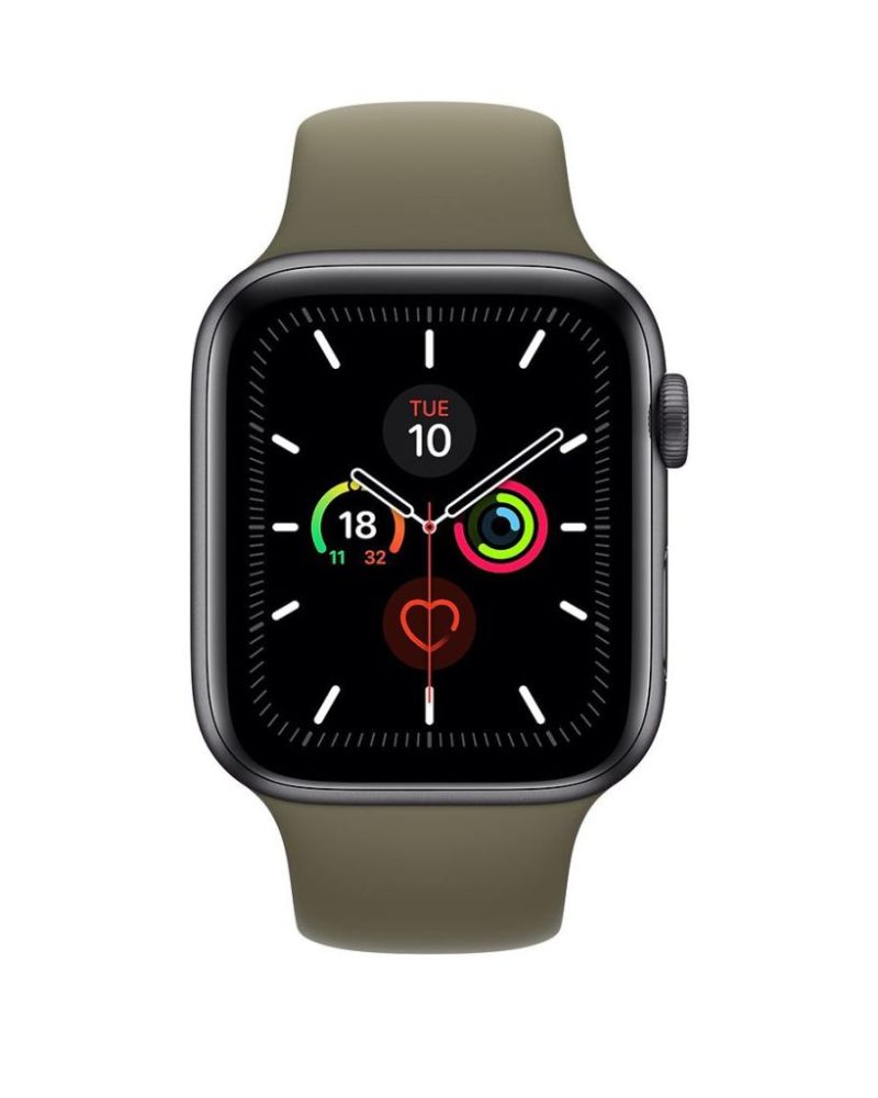 Khaki silicone Apple Watch sport band paired with space gray aluminum case