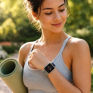 Model wearing Khaki Sport Loop For Apple Watch Apple Watch band