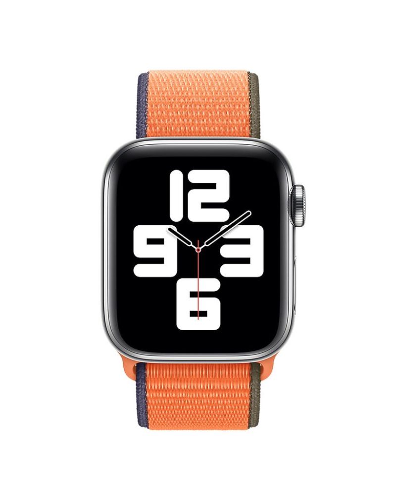 Kumquat orange woven nylon Sport Loop band on Apple Watch with silver aluminum case