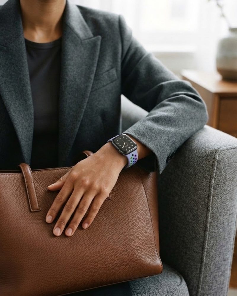 Model wearing Lavender Gray/Rainbow Pride Sport Band Active for Apple Watch Apple Watch band