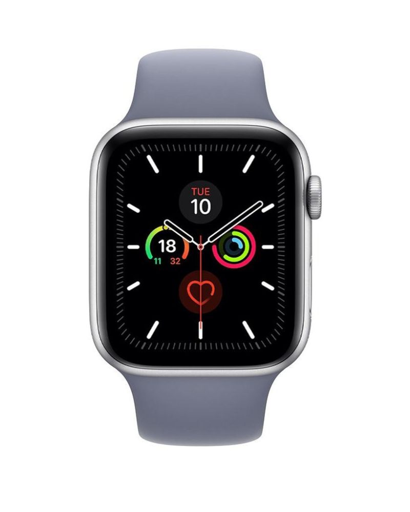 Lavender gray silicone sport band on silver Apple Watch front view