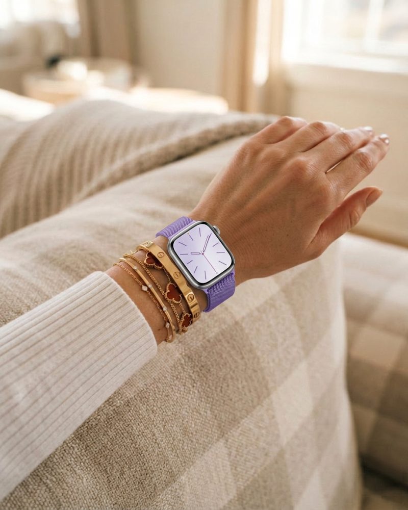 Model wearing Lavender Milanese Loop for Apple Watch Apple Watch band