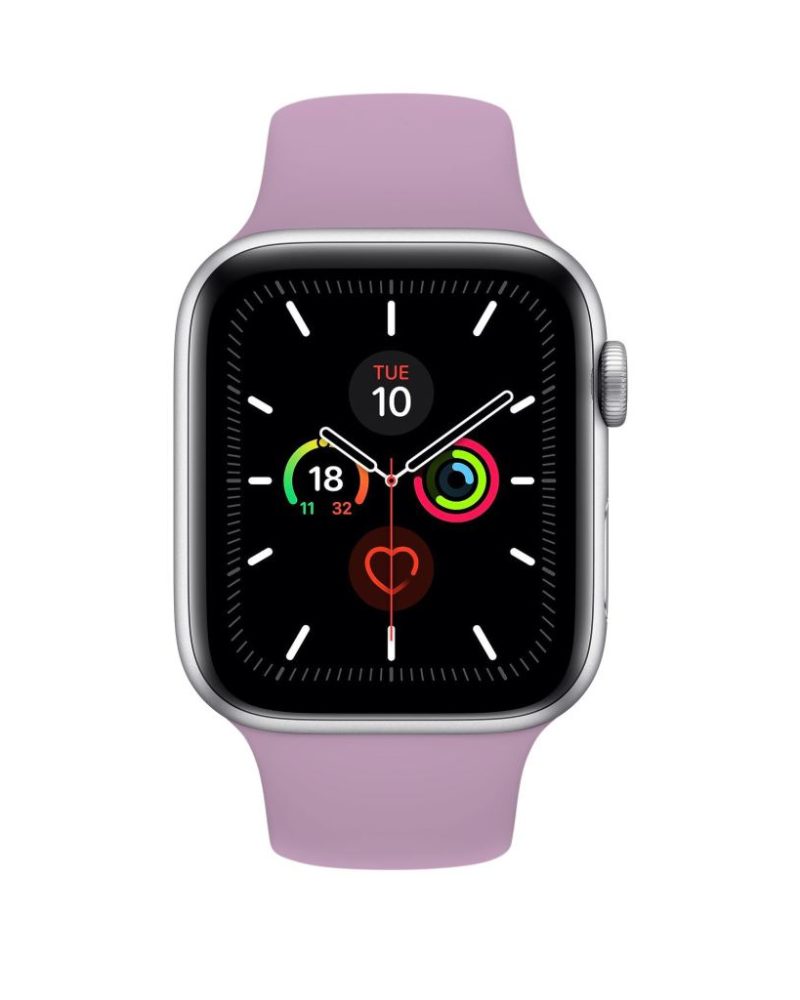 Lavender silicone Apple Watch sport band with silver aluminum case front view