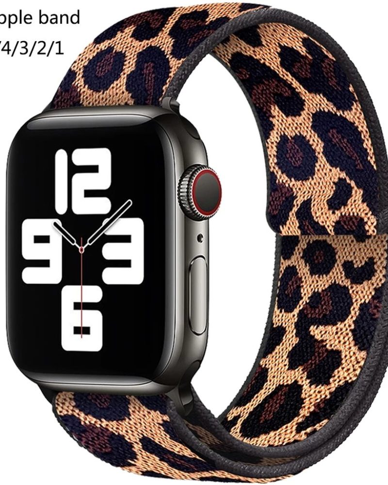 Leopard print elastic nylon loop Apple Watch band on black smartwatch