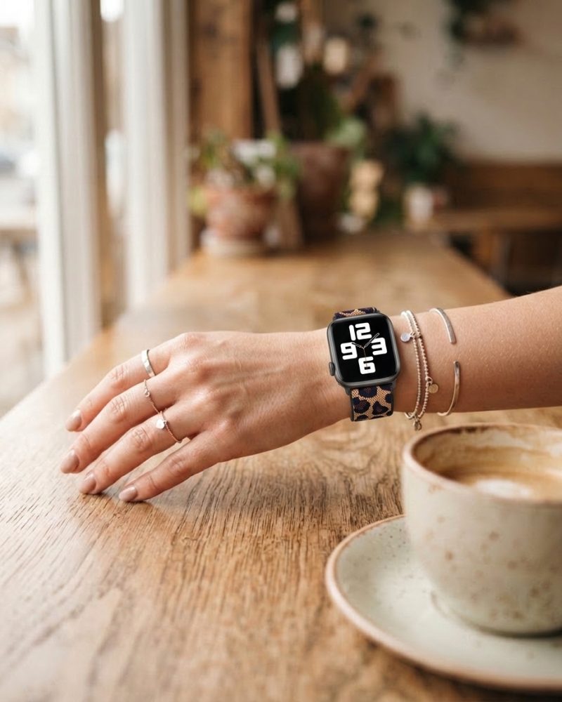 Model wearing Leopard Print Elastic Loop for Apple Watch Apple Watch band